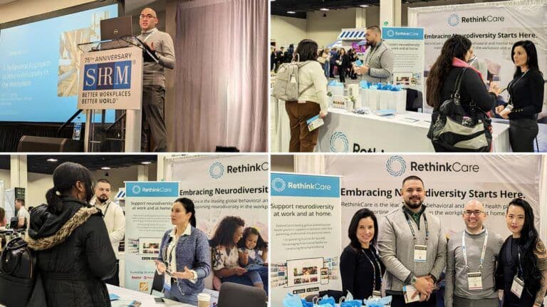 Exhibitor booth conversations and a stage speaker at the SHRM INCLUSION 2024 conference.
