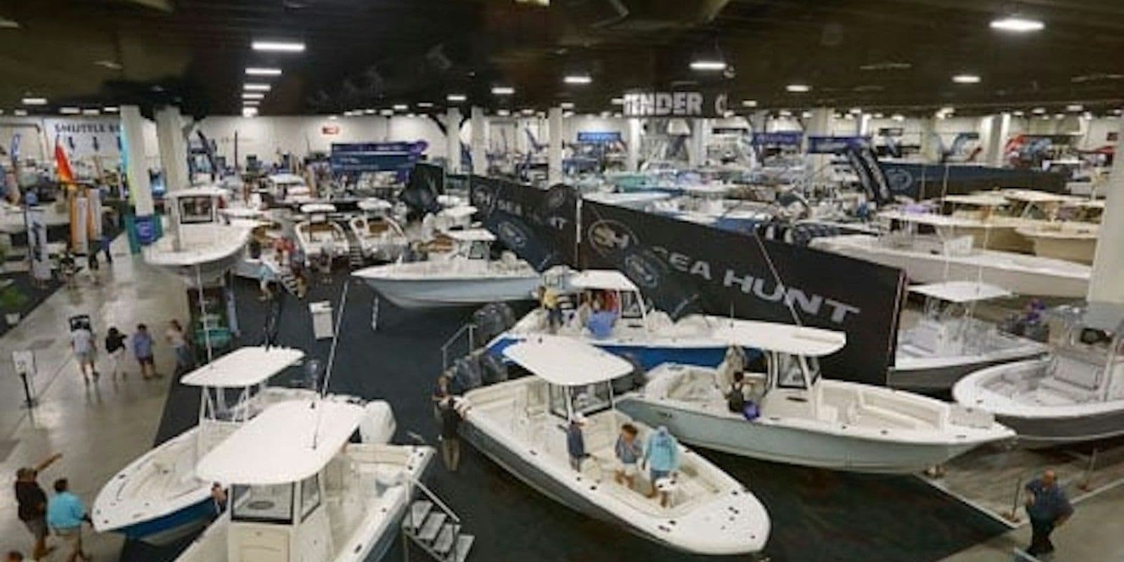 Boats displayed inside the Fort Lauderdale International Boat Show convention center