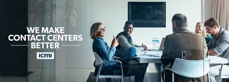 ICMI banner reading "We Make Contact Centers Better" over a team meeting in a conference room