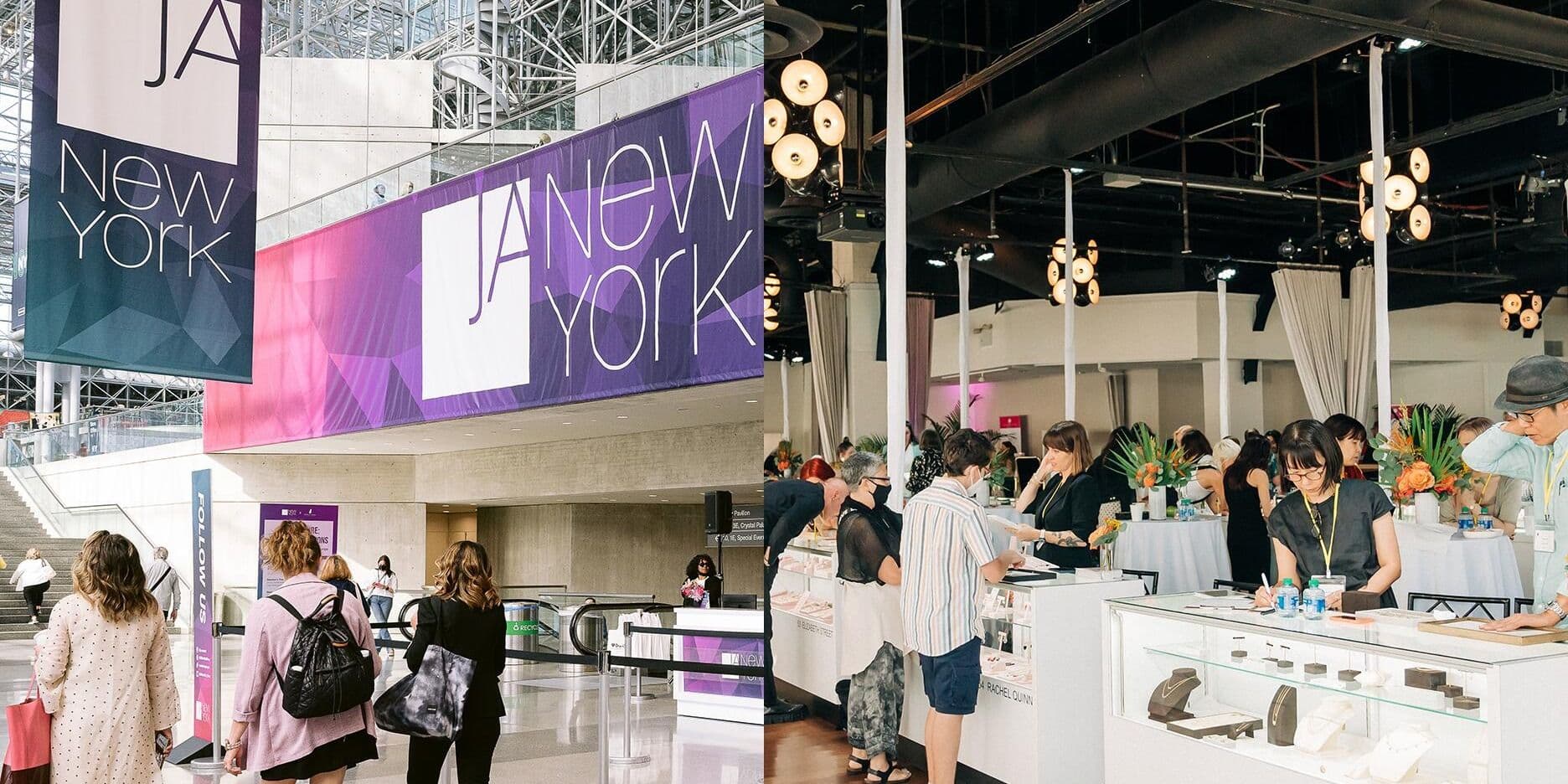 JA New York venue signage and jewelry buyers working across a prior-edition show floor.