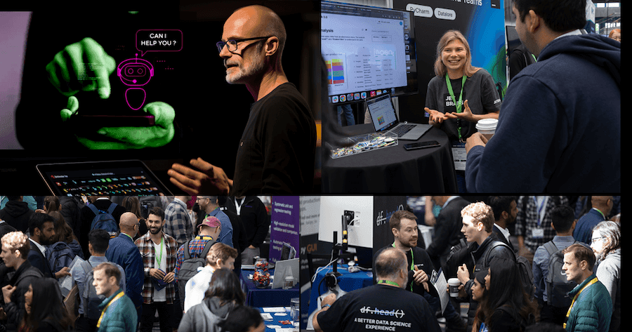 A composite view of ODSC expo booths and conversations