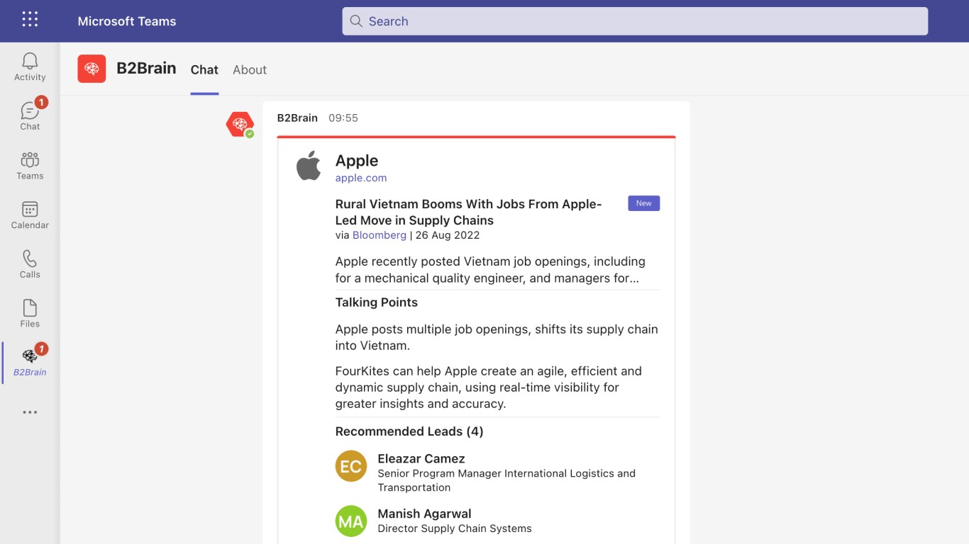 B2Brain intel within MS Teams