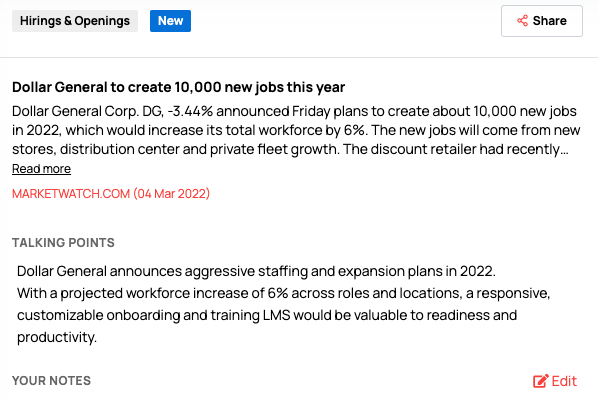 Dollar General account intel related to 10,000 new jobs being created in a single year.