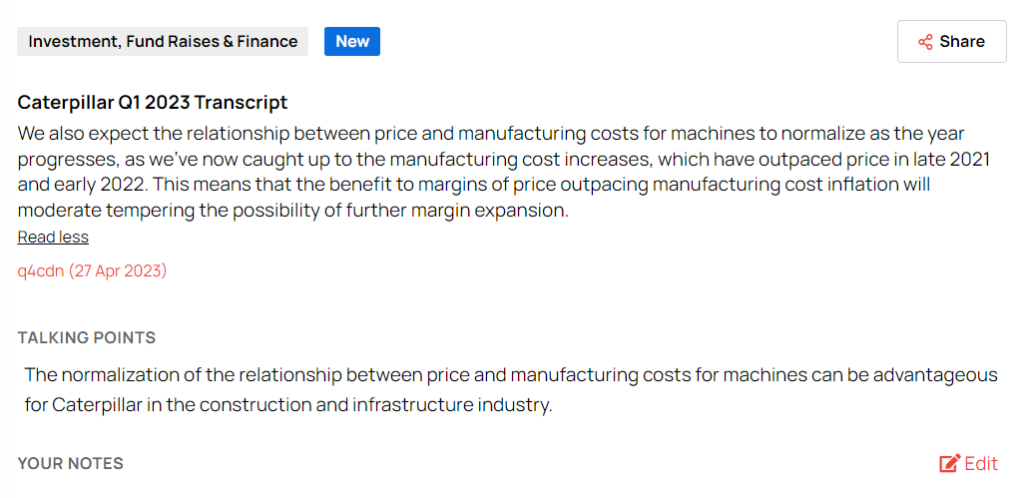Caterpillar Q1 2023 price and manufacturing