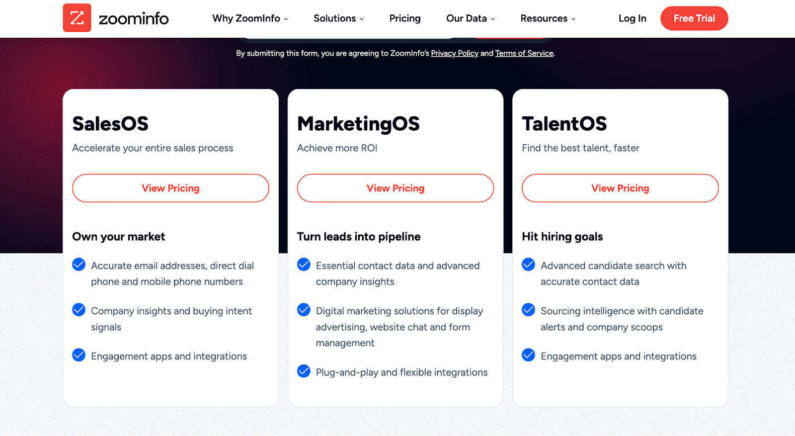 Zoominfo's pricing page screenshot shows they are most valuable when the customer has adequate budget to spend (ie. Enterprise pricing, custom proposals etc)