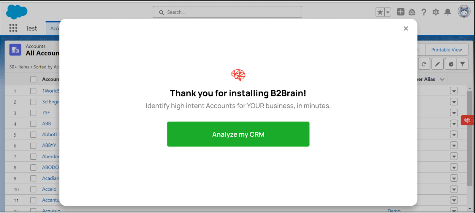 Confirmation once you install B2Brain.com and connect it to your CRM